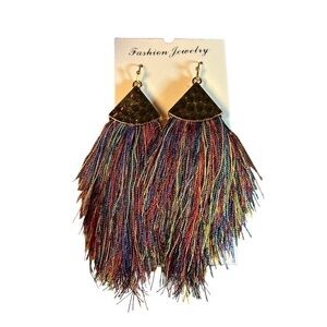 Women’s BoHo Tassel Drop Earrings Multicolor with Gold Tone Trim.